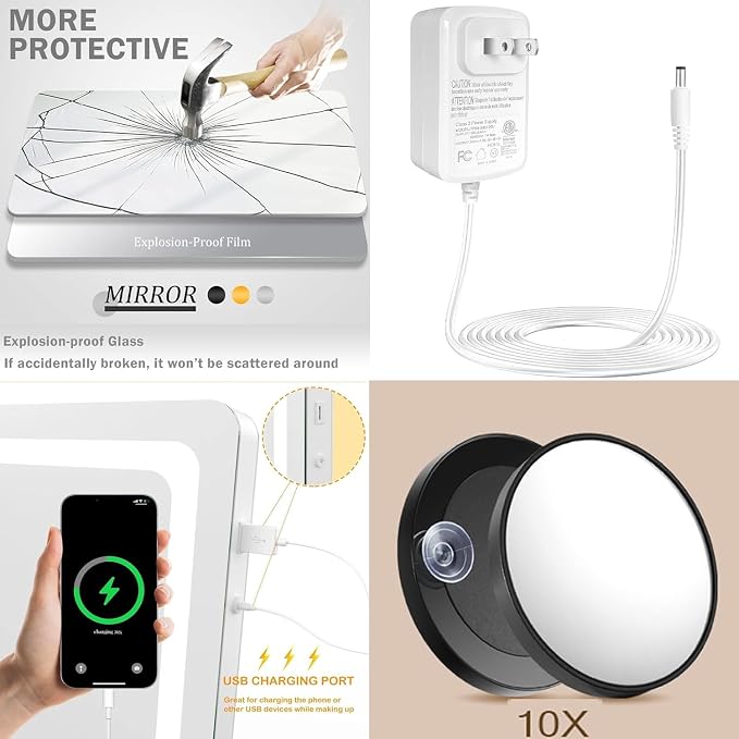 Gvnkvn Makeup Vanity Mirror with Lights 20" L x 26" W Large LED Makeup Mirror, Light up Mirror with 10X Magnification and USB Charging Port, Dimmable 3 Modes, Touch Screen Control Square Gold