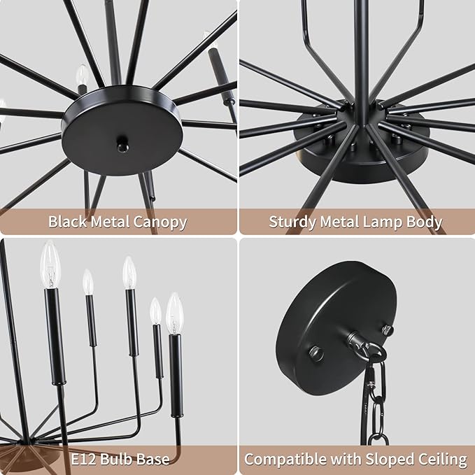 Black Chandelier, 12-Light Farmhouse Chandeliers for Dining Room, Classic Candle Ceiling Pendant Light Fixture for Living Room, Foyer, Kitchen Island, Bedroom, Entryway