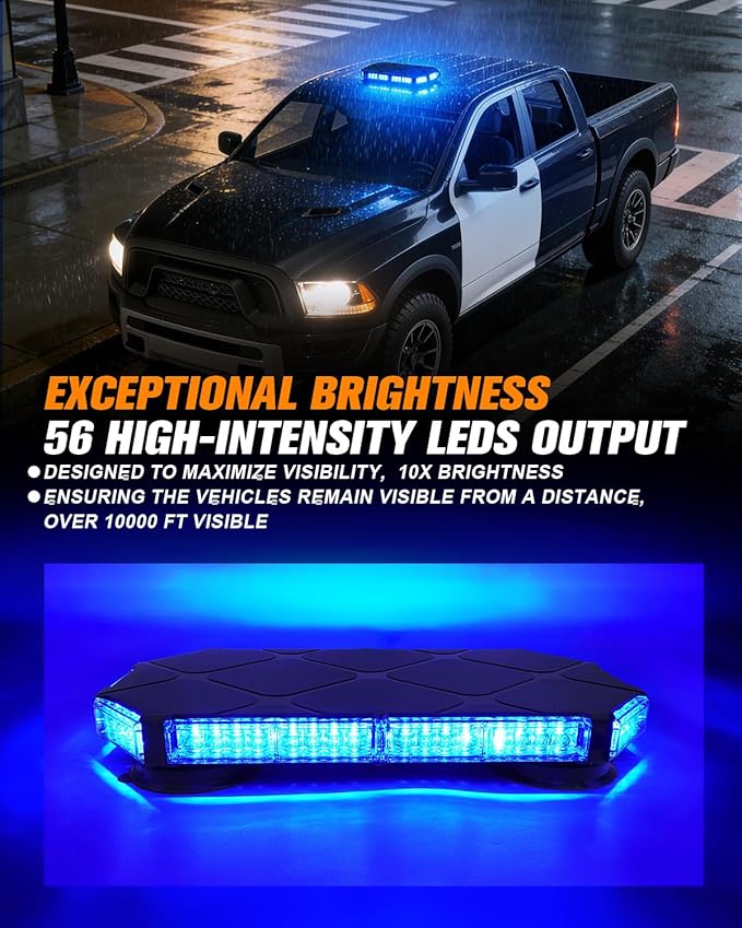LUMENIX 56 LED Roof Top Strobe Beacon Lights Bar Rooftop Hazard Warning Emergency Safety Flashing Blue Light for Volunteer Firefighters Police Law Enforcement Vehicles Trucks Patrol Cars