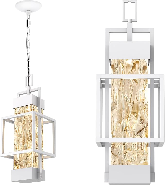 Hotsonic 15'' White Outdoor Indoor Pendant Celing Light Fixture, Modern Exterior Hanging Chandelier Porch Lights, Aluminum Outside Lantern Lamp for Entrance Foyer Entryway (Bulb Included)