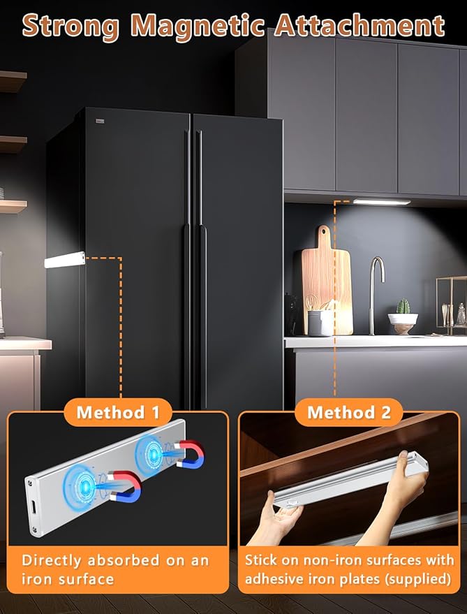Under Cabinet Motion Sensor Lighting: 14 Inch Dimmable Rechargeable Lights Indoor - Battery Operated Lights - Undercabinet Closet Light Magnetic Led Light for Kitchen Home Bathroom Counter 3 Pack
