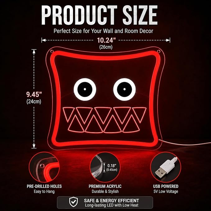 Red Square Monster Face Neon Sign, USB Powered, Cool Gaming Wall Decor for Bedroom, Game Room, Party, Man Cave, Kids Room, Aesthetic Wall Art Neon Sign for Boys Teens