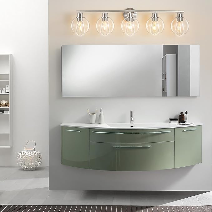 Bathroom Light Fixtures Over Mirror 5-Lights Bathroom Vanity Light with Clear Globe Glass Shade 37.4 inch Modern Brushed Nickel Vanity Lights Wall Sconce Lighting for Bath