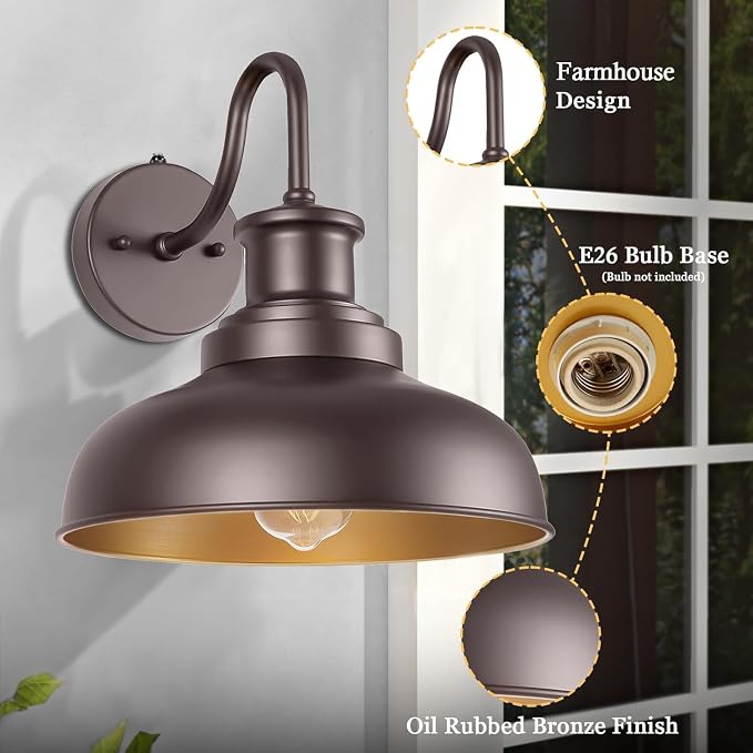 Dusk to Dawn Outdoor Barn Light Outdoor Wall Sconce Farmhouse Exterior Wall Mount Lights Vintage Outside Lighting Fixture Industrial Bronze Lantern for Porch Garage Shed Patio, 1 Pack