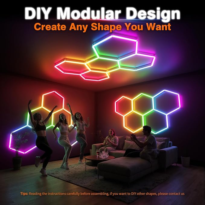 RGB Hexagon Garage Lights, Music Sync LED Hexagon Lights for Gaming Room, Smart App & Remote Control, DIY Honeycomb Ceiling Light for Studio Gym Basement Deco