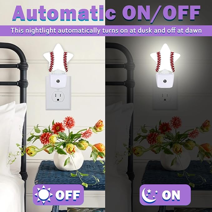 Baseball Night Lights Plug Into Wall,Boys White Dusk to Dawn Light Sensor Night Light for Kids, Energy Efficient Sleep Friendly Lamp for Bedroom Bathroom Nursery