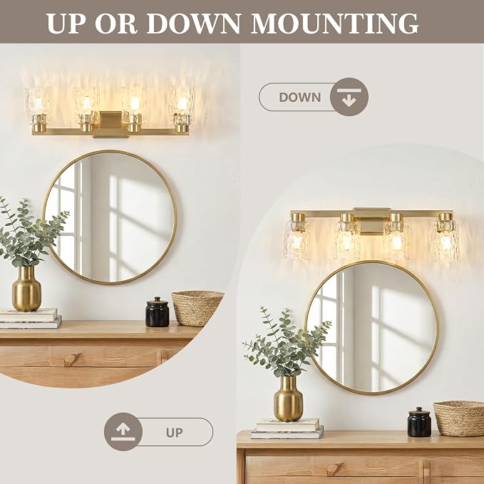 4-Light Bathroom Light Fixtures with Water Ripple Glass, Gold | Vanity Lights, Modern Wall Sconces, Over Mirror for Bathroom, Powder Room, Living Room