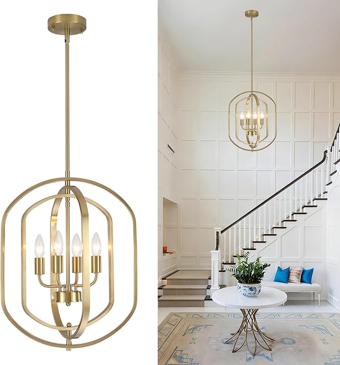 LASENCHOO 4 Lights Gold Chandelier for Dining Room Light Fixture, Modern Farmhouse Chandeliers for Entryway Foyer Lighting Fixtures, Metal Geometric Lantern Pendant Light Kitchen Island with E12 Base