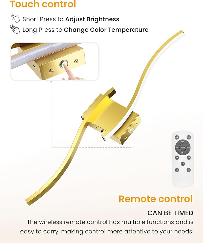 NIORSUN 27.6 Inch Battery Operated Wall Sconce Set of 2, Gold Modern Rechargeable Wall Lights with Remote, 3CCT Dimmable Wireless Wall Lamp for Living Room Bedroom Hallway