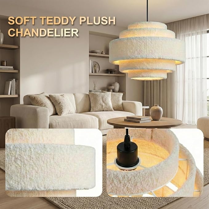AUQUEE 5-Tier Coastal Chandelier, 13" Modern Boho Pendant Light Fixture with Soft Teddy Plush Shade, Adjustable Modern Drum Hanging Lamp for Bedroom/Nursery/Dining Room/Kitchen Island/Entryway,White