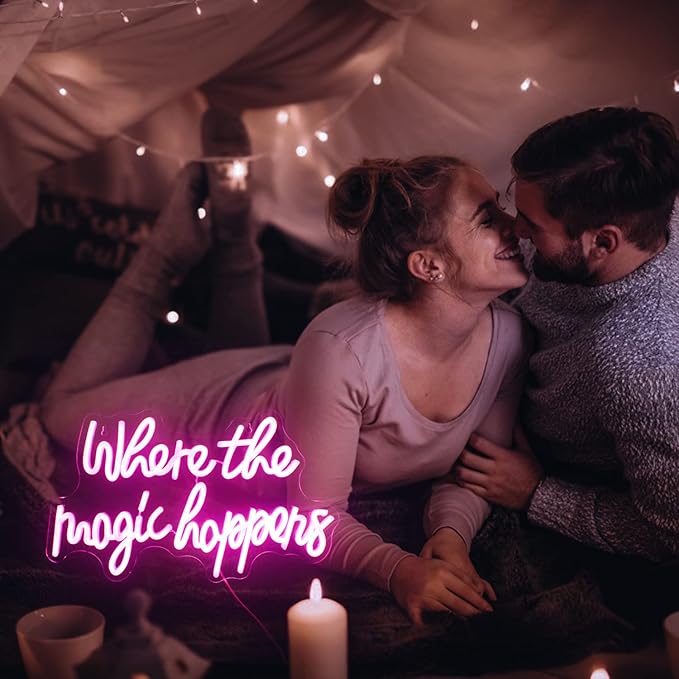 Where The Magic Happens Neon Sign Led Pink Word Light Up Signs for Wall Decor Usb Powered Letter Neon Light Signs Indoor Light for Bedroom Salon Decor Wedding Birthday Party Bar Man Cave
