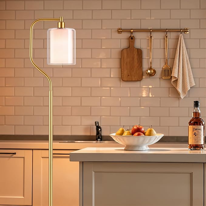 Dimmable Gold Floor Lamp with Double Glass Shade | Modern Floor Lamp with Remote & Foot Switch, 3 Color Temperatures, 9W Bulb, Corner lamp for Home Decor, Living Room, Bedroom