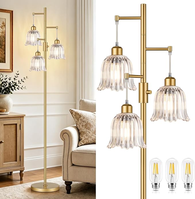 Dimmable Flower Floor Lamp, 3 x 900LM LED Bulbs Included, Modern | 70" Gold Tree Standing Lamp, 3 Lights Elegant Clear Glass Flower Shade, Vintage Floor Lamps for Living Room, Bedroom, Office