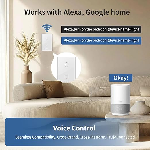 Smart Touch Wall Light Switch with Matter, Tempered-Glass Panel, Neutral Wire Required, Single-Pole, 2.4GHz Wi-Fi, App/Voice Control with Alexa/Google/Apple Home, Timers & Schedules White – 2 Gang