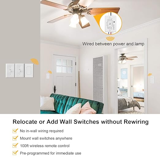 Suraielec 3 Way Wireless Light Switch, No Wiring, No WiFi, 100ft RF Range, Pre-Programmed, Expandable Wireless Wall Switch and Receiver Kit, Remote Control Light Fixture for Lamp, Ceiling Light, Fan