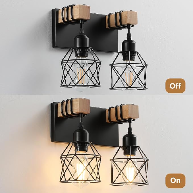 Farmhouse Vanity Light Fixture,2-Light Bathroom Lighting,Black Industrial Wood Wall Light Over Mirror with Metal Shade