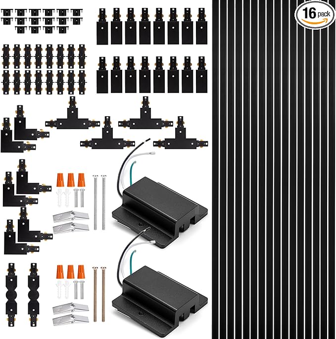H Track Lighting Rails Kit - iCreating 52.5ft Black Track Lighting Tracks 3 Wire with Floating Canopy Connector, L, I and T Connectors for Single Circuit H Type LED Tracks Lights Heads Fixtures