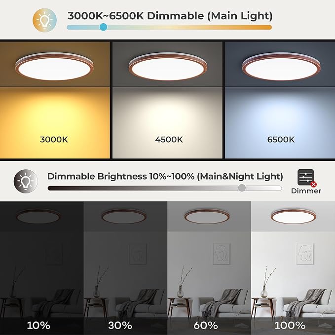 Matane 12in Flush Mount Ceiling Light Fixture with Remote Control, Nightlight 2000K Warm, 3000K-6500K Adjustable, Wired Low Profile Ceiling Lights for Bedroom, Kitchen, Living Room Walnut
