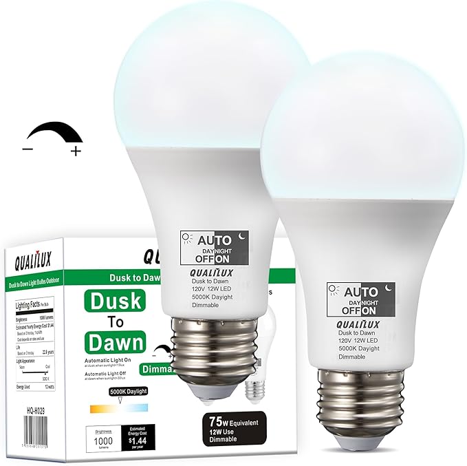 Dusk to Dawn Light Bulbs, Auto On/Off Light Sensing LED Bulbs Outdoor, Daylight, Dimmable, 12W 1000LM 75W Equivalent, HQ-H029
