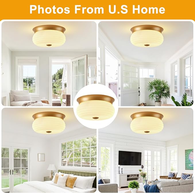 Gold Flush Mount Ceiling Light Fixtures, 2-Light Ceiling Mount for Modern with Clear Milk Glass Shade, Industrial Flush Mount Light Fixture Farmhouse for Hallway Kitchen Bedroom Entryway Foyer