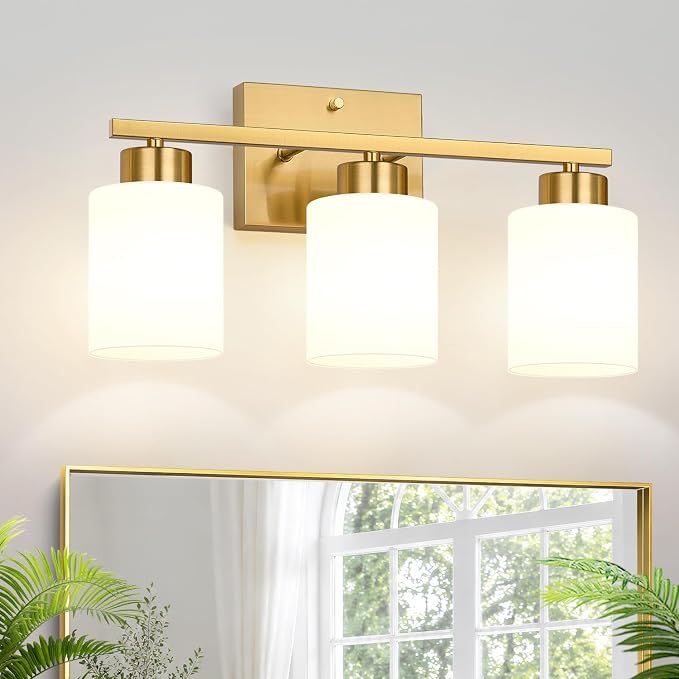 3-Light Bathroom Light Fixtures, Brushed Gold Vanity Light, Bathroom Vanity Light with Milky White Frosted Glass Shades, Bathroom Light for Mirror, Bedroom, Hallway, or Living Room