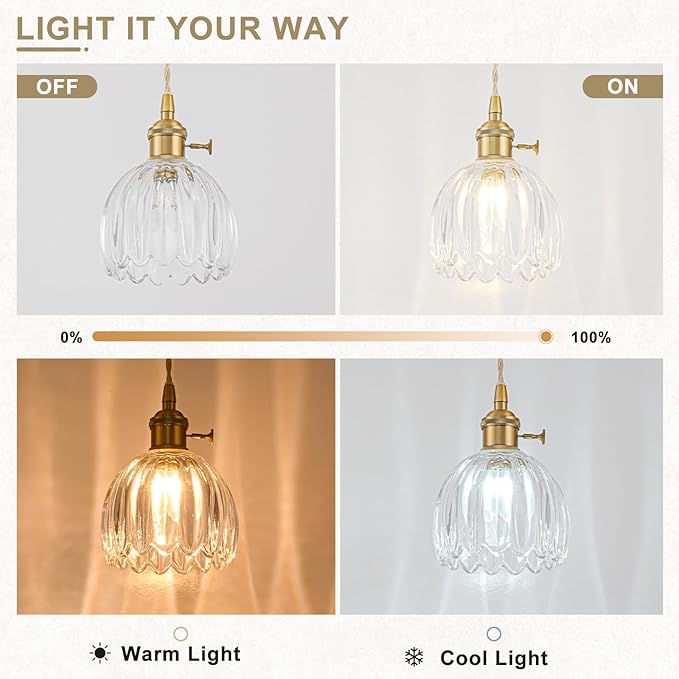 Mini Pendant Lights Kitchen island 2 Pack, Small Adjustable Pendant Light Fixture with Transparent Tulip Glass Lampshade, Vintage Gold Pendant Lighting, Pendant Light for Bedroom Dining Room Hallway
