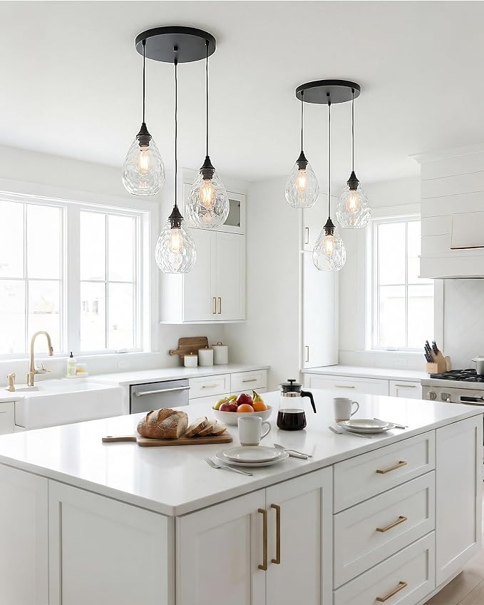 Black 3-Light Pendant Lighting, Modern Dining Room Light Fixture Over Table with Hammered Glass, Cluster Hanging Lights for Kitchen Island Dining Room