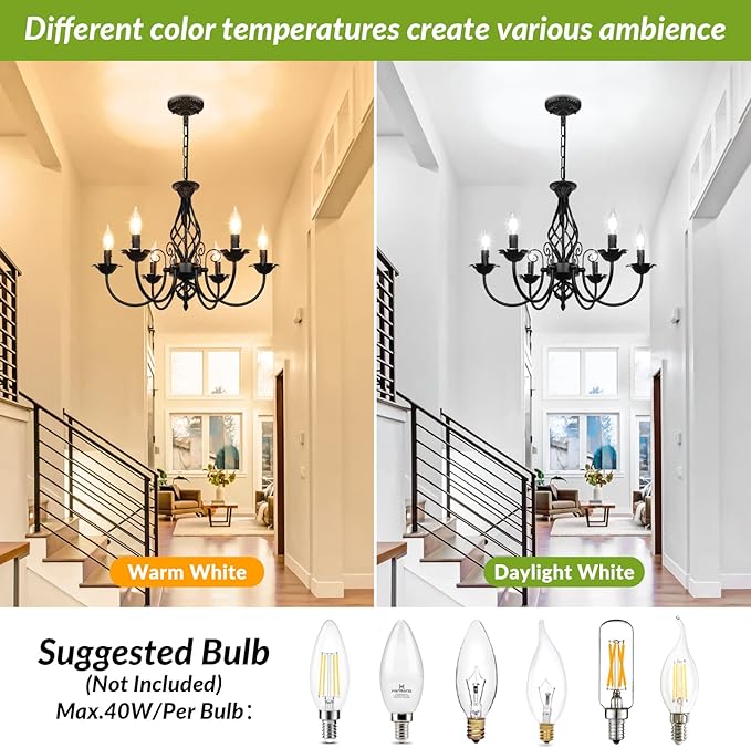 6-Light Farmhouse Candle Chandelier for Living Room, Rustic Industrial Pendant Ceiling Light fixture, Vintage Hanging Lamp for Bedroom Hallway Kitchen Dining Room Foyer, Matte Black E12 Socket