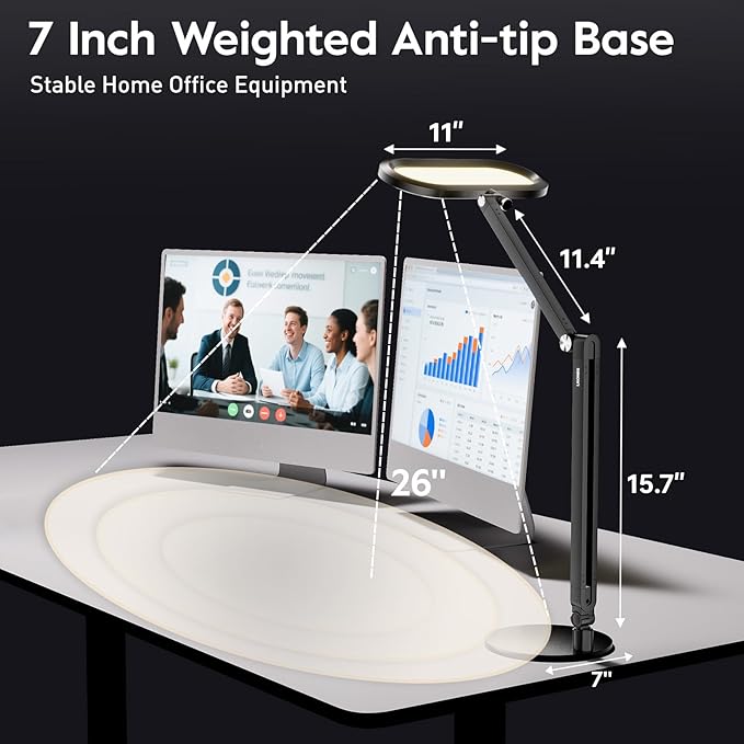 Premium LED Desk Lamp, Dual-Sided Soft Lighting with Knob Remote | Eye-Caring Diffused Light for Home Office, Video Conferencing, Zoom, Reading, Study, Craft, Stepless Dimming & Color, Memory