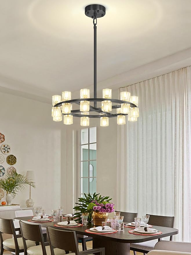 D24 Black Wagon Wheel Chandeliers Modern 24-Lights Black Round Chandelier Small Chandeliers for Dining Room,Living Room Vintage Chandelier for Foyer Hallway