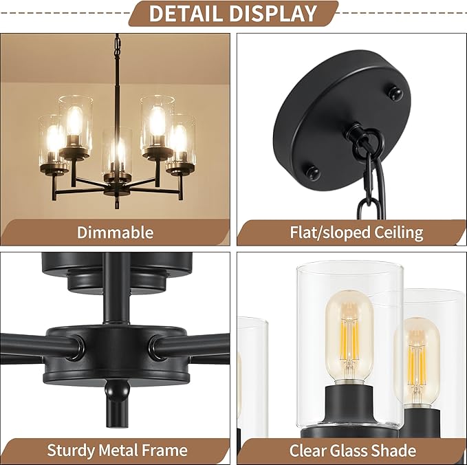 5-Light Farmhouse Glass Chandelier, Modern Black Chandelier for Dining Room Island Lights Industrial Hanging Foyer Lighting Fixtures Chandeliers for Entryway Kitchen Living Room Adjustable Height