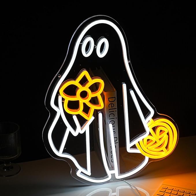 Ghost Neon Sign for Wall Decor Dimmable USB Powered Pumpkin Led Light sign Halloween Ghost Neon Light for Halloween Party Game Room Neon Decor (Yellow White)