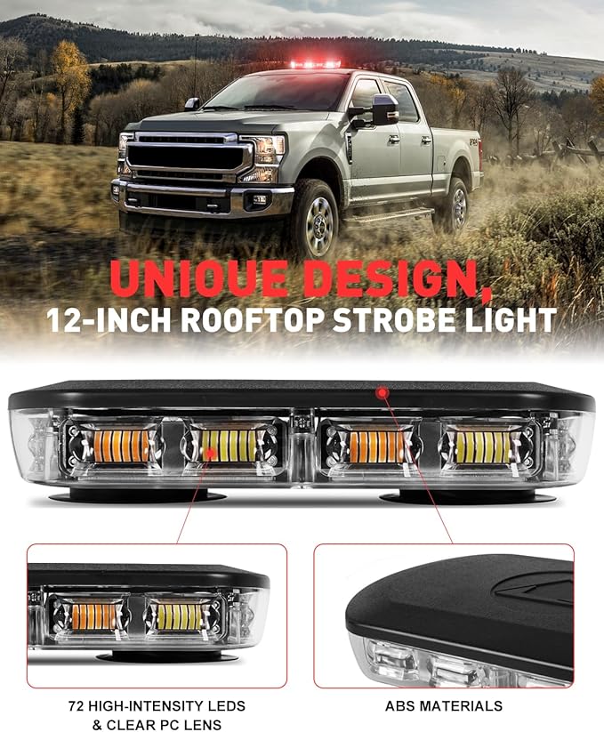 HLauto 700A Rooftop Emergency Strobe Lights Bar, 72 LED Red White Mini Beacon Safety Flashing Warning Traffic Lights Bar w/Magnetic Base for 12-24V Trucks, Construction Vehicles, Snowplow, Cars