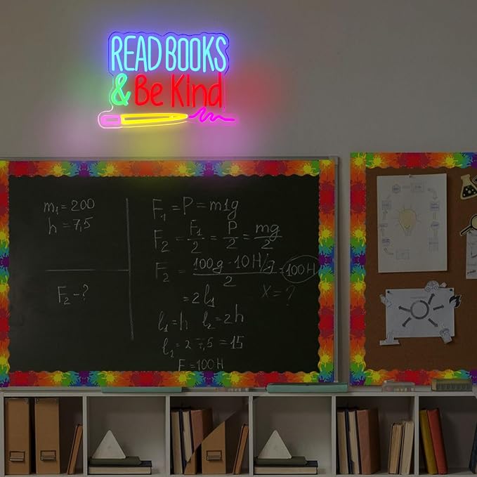 Read Books and Be Kind Neon Sign, Dimmable Classroom Neon Sign Lights, LED Read Books Light up Sign for Library Decor, USB Pencil Neon Light for Kids Teachers Students, Classroom Lights (16.2"×11")