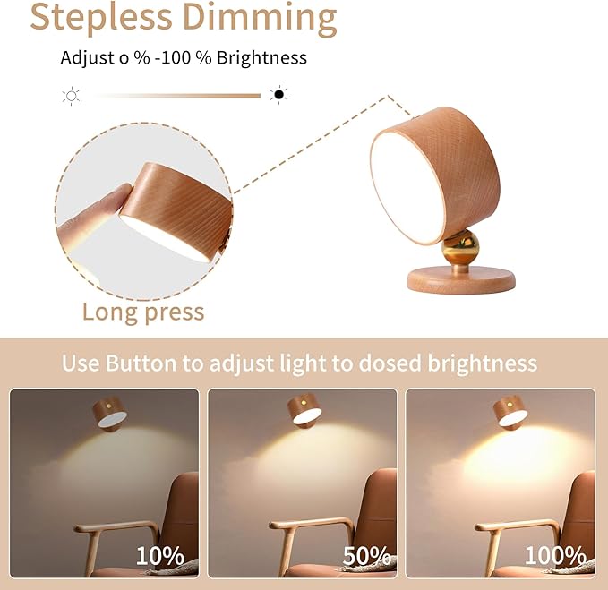 Wooden Led Wall Sconce, 360° Rotatable Dimmable Wall Lights Rechargeable Wall Lights Battery Operated Magnetic Led Night Light for Reading Light and Household Lighting (Beech Wood 1pcs)