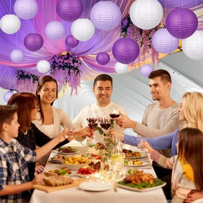 Purple Paper Lanterns Decorative,Hanging Chinese Lanterns Indoor Outdoor for Birthday, Wedding, Christmas, Bridal, Home Decor, Ceiling Decorations(Size of 4”, 6”, 8”, 10”,12Pcs)