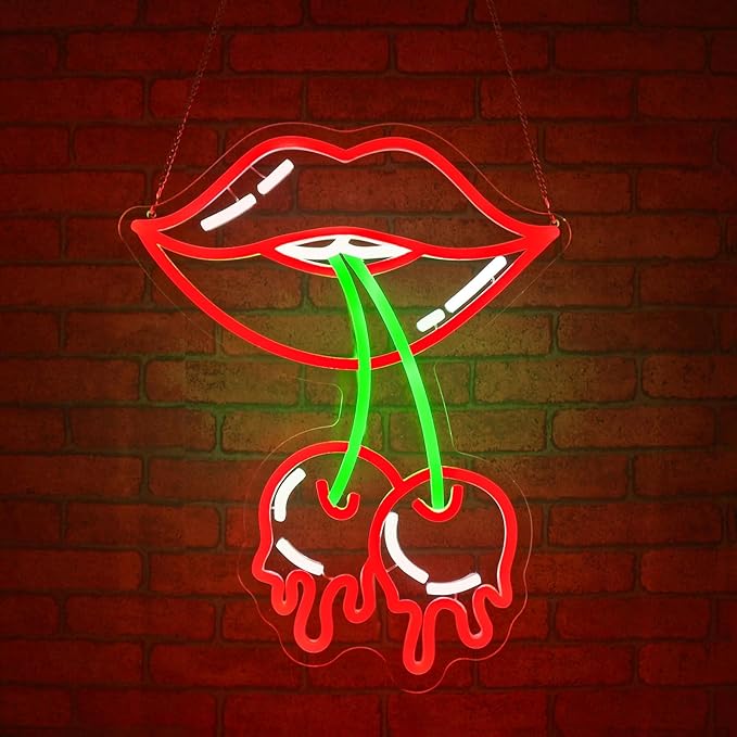 Cherry Lips Neon Sign, JGHTURIE Red Led Neon Signs for Wall Decor USB Powered Bar Lights Signs for Room Man Cave Party Art Decoration