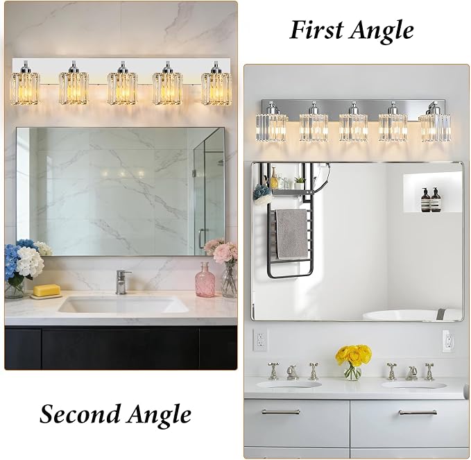 Brushed Chrome Crystal Bathroom Vanity Light, 5-Light Modern Bathroom Lighting Fixtures Over Mirror,Chrome Wall Sconce Light Fixtures with Square Shade
