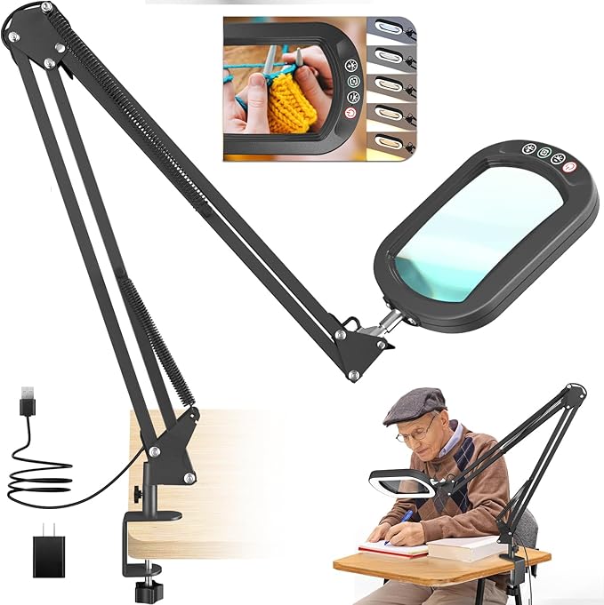 16" Extra Long Magnifying Glass with Light and Clamp, Real Glass, 5 Color Modes, Stepless Dimmable, Lighted Magnifier with Stand Hands Free, LED Swing Arm Desk Lamp for Close Work, Craft, Black