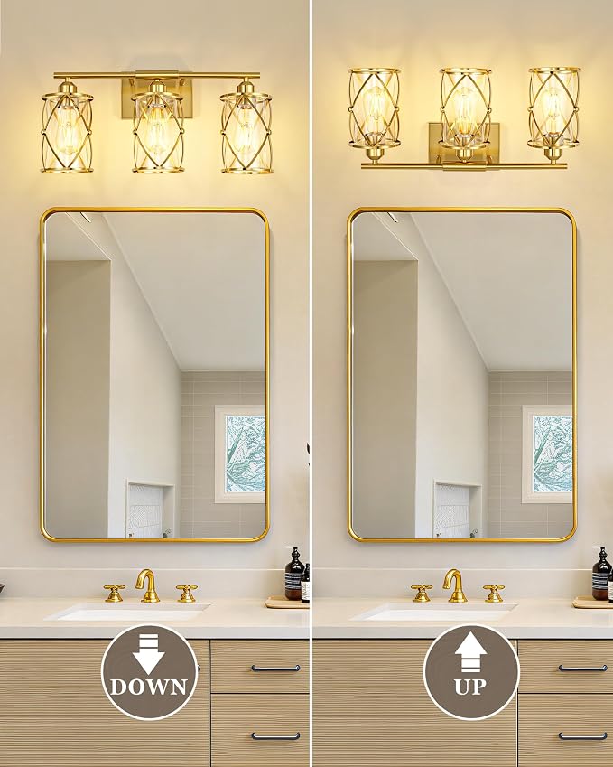 3-Light Brushed Gold Bathroom Light Fixtures, 21 Inch Modern Bathroom Vanity Lighting Fixtures Over Mirror with Clear Glass and Metal Cage Wall Sconce Lights for Bath, E26, CH9176BG-3W