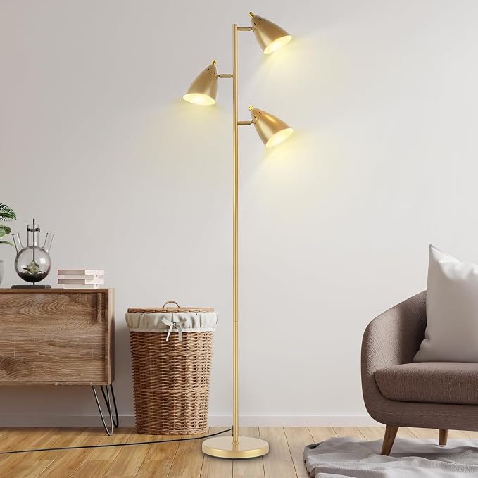 LALISU Tree Floor Lamp for Living Room, Industrial 3-Light Standing Lamp with 3 LED Bulbs, Adjustable Rotation Heads, Standing Tall Pole Lamp Farmhouse Rustic Reading Lamps for Bedroom Office (Gold)