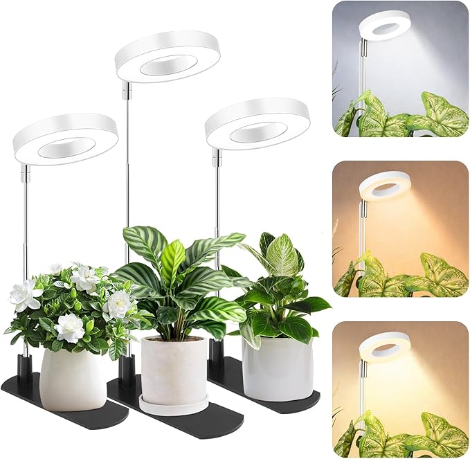 LBW Grow Lights for Indoor Plants, Full Spectrum Halo Grow Light with Base | 48 LED Plant Light for Small Plant, Base/Soil Stake, 7.8-26" Adjustable, 6/8/12/16H Timer, 3 Color Mode, 5 Brightness, 3 pack