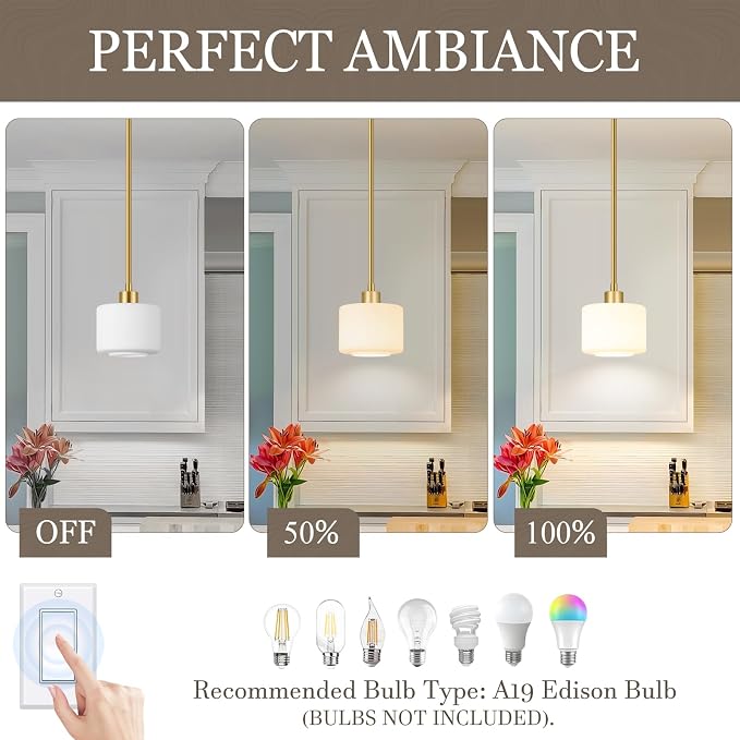 Milk Glass Pendant Lights Kitchen Island, 1-Light Modern Brushed Gold Hanging Light Fixtures with Rods, Mini Kitchen Pendant Lighting Over Island for Sink Bathroom, OS-YQ8153-1PBG