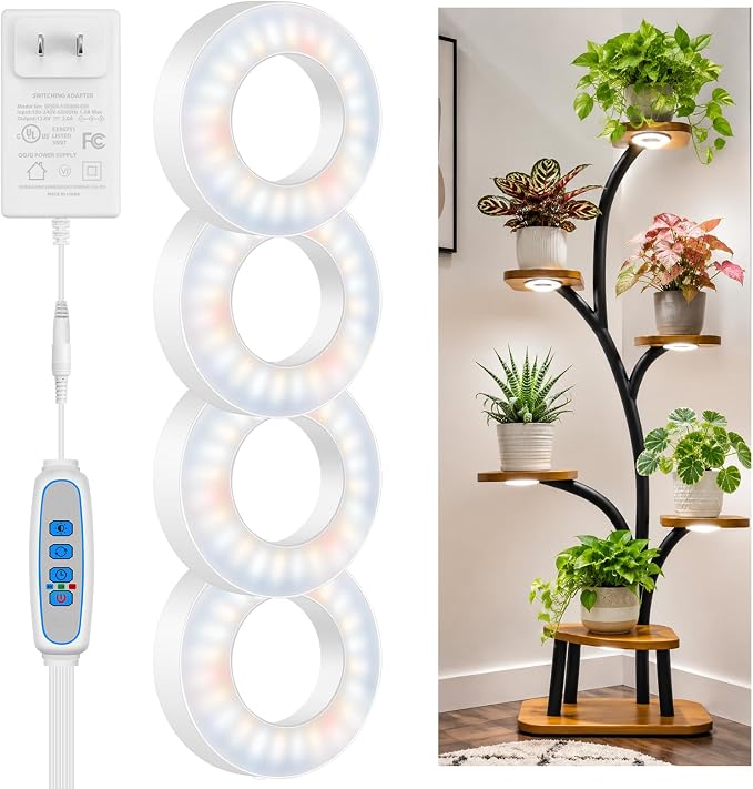 Wiaxulay 3.5in Grow Light, Full Spectrum Indoor Plant Growing Lamp 12V/2A | 4-Head White, 192 LED Plant Lights with 6/12/16H Timer, 3 Lighting Modes, 5 Brightness for Plant Shelf Under Cabinet
