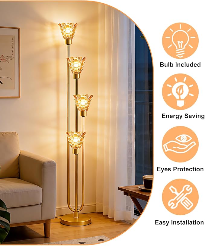 63IN 4-Lights Glass Floor Lamp Modern Dimmable Floor Lamps with Amber Glass Shade& Warm White Bulbs for Wedding/Party, Gold Tall Standing Lamp with 5Lbs Heavy Base for Living Room/Bedroom