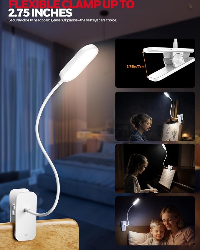 Honeywell Clip On Reading Light,Rechargeable LED 4000K CRI95 Gooseneck Lamp | 2000mAh Battery,Touch Desk Lamp White Light Mode,Eye-Caring Study Lamp With Clamp for Bed/Headboard/Table/Dorm/Home Office