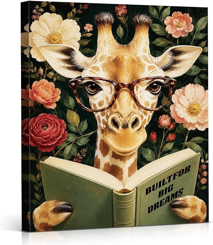 NSFBESSLIA Funny Reading Giraffe Painting, Whimsical Vintage Animal Decor, Built For Big Dreams, Wall Art for Living Room Bedroom Entryway, 8x10 Inch