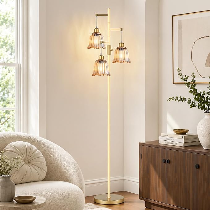 Dimmable Flower Floor Lamp, 3 x 900LM LED Bulbs Included, Modern | 70" Gold Tree Standing Lamp, 3 Lights Elegant Amber Glass Flower Shade, Vintage Floor Lamps for Living Room, Bedroom, Office
