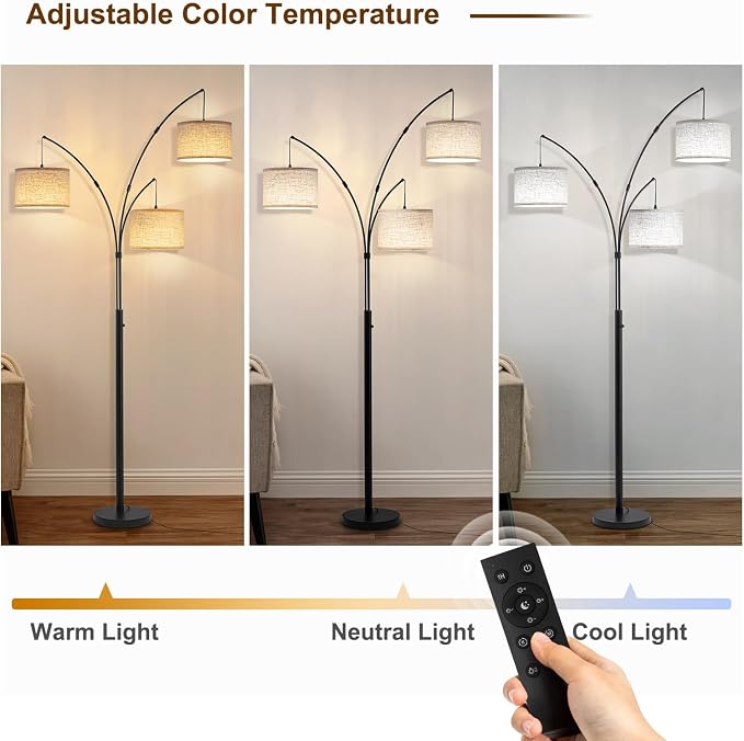 3 Light Arc Floor Lamp with Remote, Beige Shade Black Pole | 80" Dimmable Floor Lamp, 2400LM Super Bright, Independently Controlled 9W LED Energy-Saving Light Bulb, Memory Function