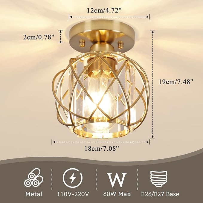 Hallway Light Fixtures Ceiling,Semi Flush Mount Ceiling Light Fixtures Gold Metal Cage Indoor Modern Ceiling Lights for Bedroom Room Hallway Bathroom Entryway Kitchen